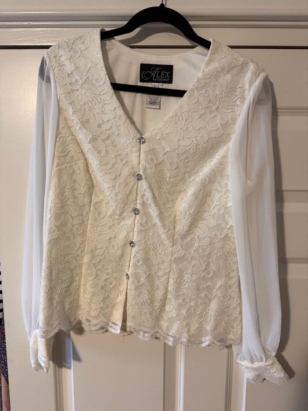 Alex Evenings Cream Lace Blouse with Sheer Long Sleeves